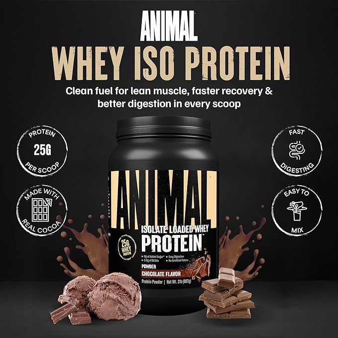 Animal Whey Isolate Protein Powder - Loaded for Pre & Post Workout Muscle Builder and Recovery with Digestive Enzymes for Men & Women - 25g Protein, Great Taste, Low Sugar - Chocolate 2 lbs