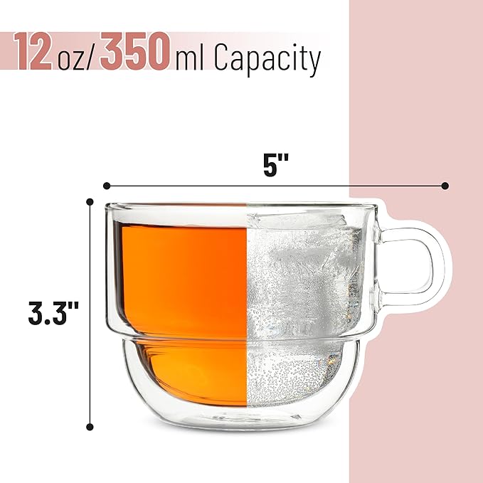 BTaT- Stackable Insulated Coffee Mugs, 4 Pack 12 oz(350 ml), Ideal for Hot and Cold Drinks, Stackable Cappuccino Cups, Double Wall Glass Coffee Cups, Tea Cups, Latte Cups, Latte Mug