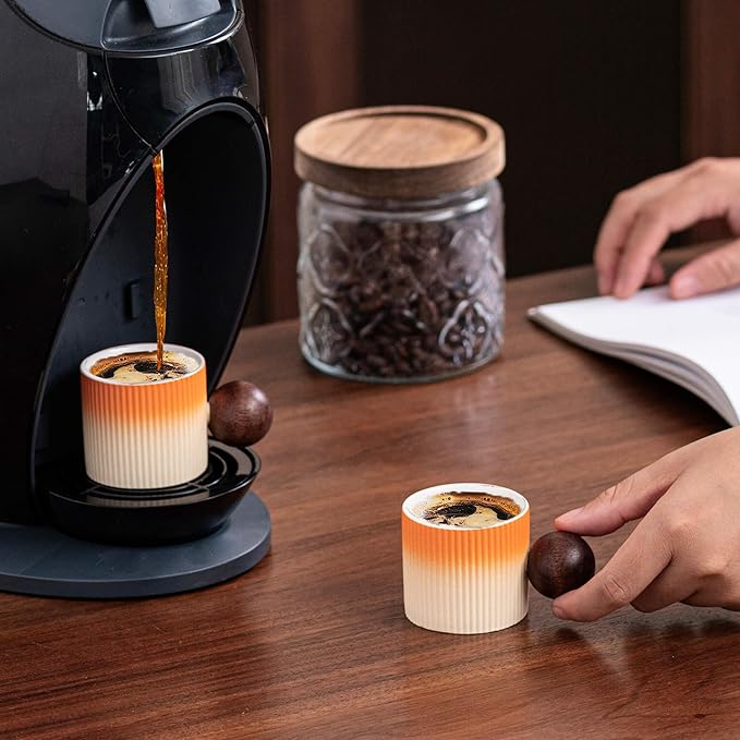 Ceramic Mini Espresso Cups Demitasse Cups with Round Wooden Handle Vertical Stripes Tea Cups (Beige&Orange, 2pcs)