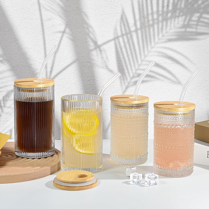 14 oz Drinking Glasses Set of 4 with Bamboo Lids Straws Striped Ribbed Glassware Set Vintage Glass Cups Embossed Iced Coffee Cup for Beer Cocktail Beverage(Ribbed)
