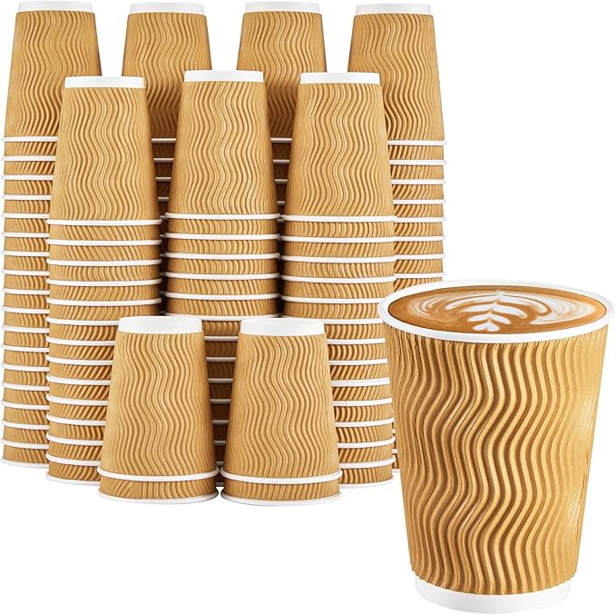 120 Pack 12 oz Coffee Cups, Disposable Corrugated Insulated Ripple Wall Paper Coffee Cups 12oz for Hot or Cold Drinks Office Home Cafe Party Travel (Champagne)