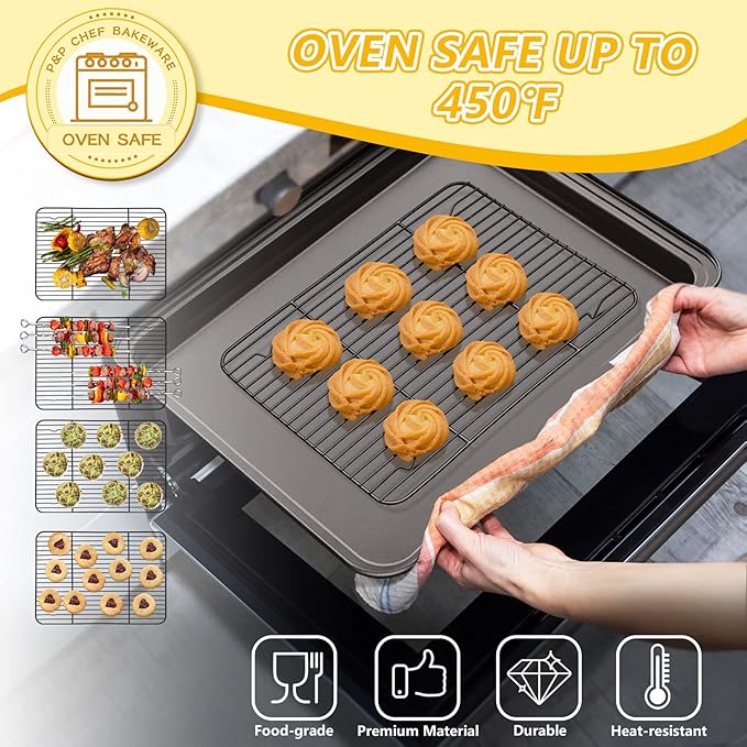 P&P CHEF Cooling Baking Rack Pack of 2, Stainless Steel Cooling Racks for Cooking Baking Roasting Grilling Drying, Dense Wires & Smooth Edge, Easy to clean, Black,11.6" x 9"