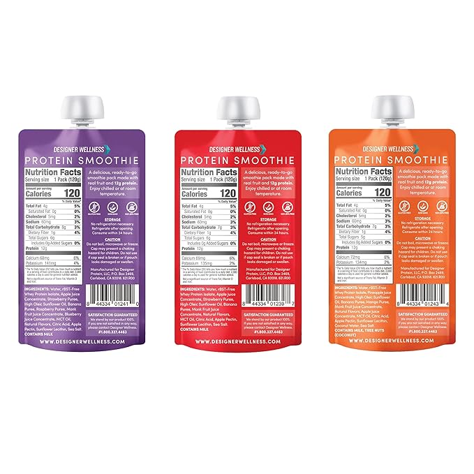 Designer Wellness Protein Smoothie, Real Fruit, 12g Protein, Low Carb, Zero Added Sugar, Gluten-Free, Non-GMO, No Artificial Colors or Flavors, Variety Pack, 12 Count