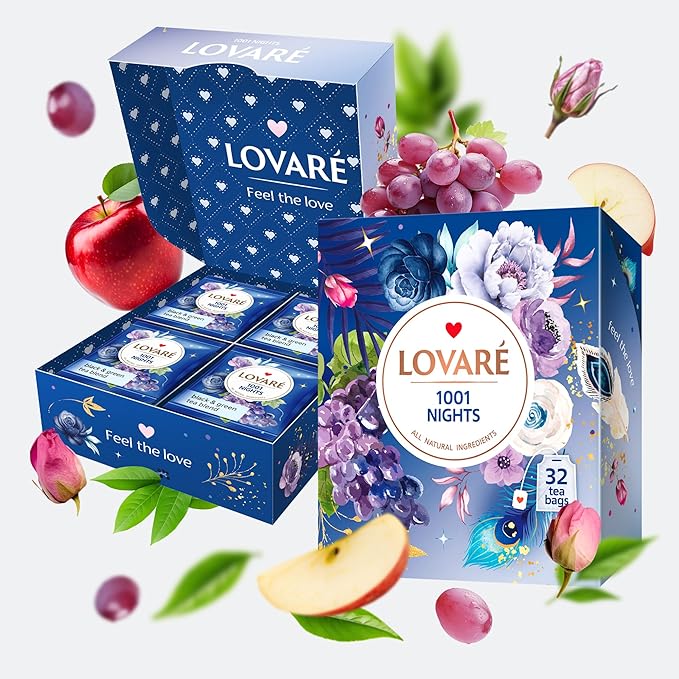 LOVARE 1001 Nights Tea Bags 64 g - Made in Ukraine - Classic Black and Sencha Green Flavored Tea Blend - Tea Bags Individually Wrapped - Gift Box Sets for Tea Lovers (32 Tea Bags x 2 g Each)