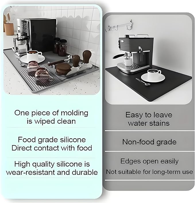 Silicone Coffee Mat With Espresso Tamping Mat,Leak-Proof and Non-Slip,Suitable for Kitchen Station Pad Accessories Fits Under Coffee Maker & Dish Rack to Keep the Countertop Clean-Gray