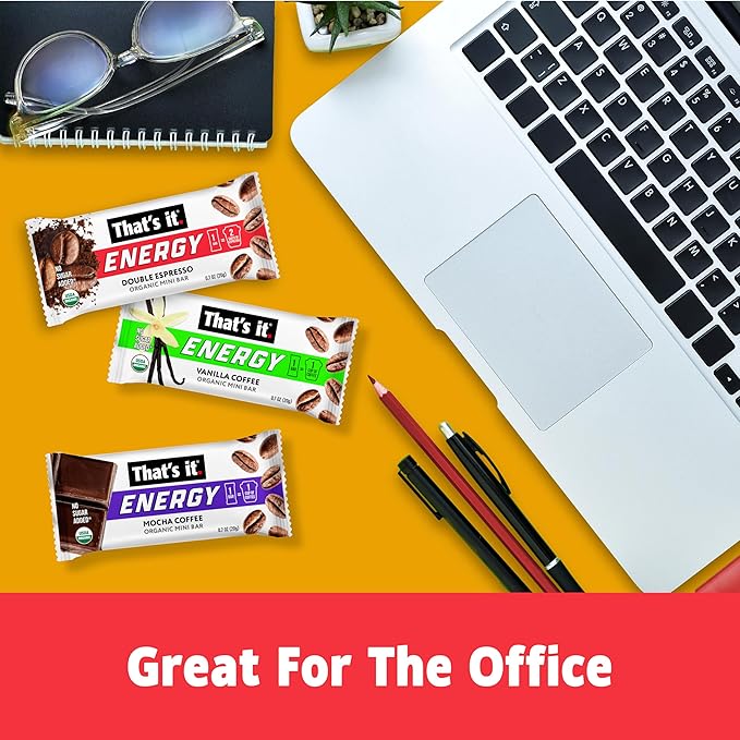 That’s it. Organic Energy Coffee Mini Bars - (6 each of Vanilla, Mocha, Double Espresso) Grab and Go, No Added Sugars, Non-GMO, Caffeine Power Snack, Kosher, Allergy Friendly (Variety - 18 Count)
