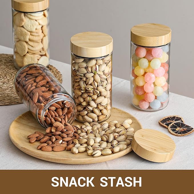 NETANY 4-pack 24oz Glass jars with Airtight Lids, Overnight Oats Containers with Bamboo Lids, Wide mouth Mason Salad jars, Glass Food Storage Containers for Snacks Yogurt Spice Sugar