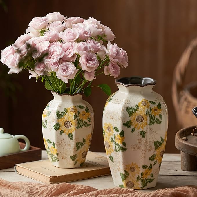 Vintage Pastoral Octagonal Vase, 9.3 Inch Ceramic Sunflower Flower Vases, Rustic Farmhouse Antique Chinoiserie Floral Vase for Wall Art Bedroom and Shelf Home Decor (Octagonal)