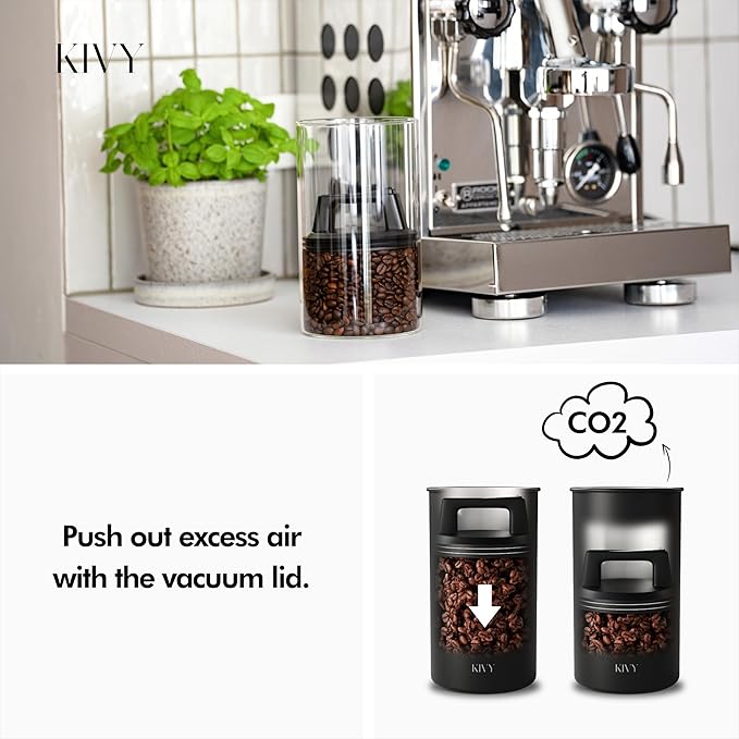 KIVY Vacuum Seal Coffee Canister [AIRTIGHT] - Coffee Canister with Airtight Lid - Airtight Coffee Jar - Air Tight Coffee Container - Vacuum Storage (Glass)