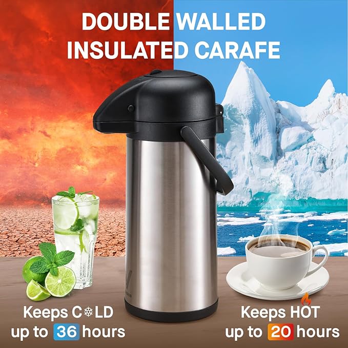 Airpot Coffee Dispenser with Pump - 2Pcs 102 oz Insulated Stainless Steel Coffee Carafe - Thermal Beverage Dispenser - Coffee Urn for Hot/Cold Water, Party Chocolate Drinks