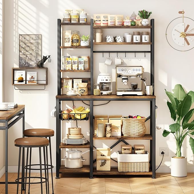 Baker Rack with Power Outlet - Microwave Stand with Storage, Large Coffee Bar Station with 14 Hooks, Metal Kitchen Shelf Rack for Spices, Pots (Rustic Brown)