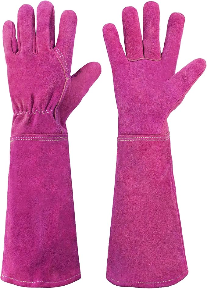 HANDLANDY Ladies Leather Gardening Gloves, Thorn Proof Women Rose Pruning Garden Yard Glove, Heavy Duty Long Sleeve Gloves (Medium, Rosy)