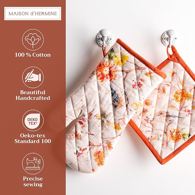 Maison d' Hermine 100% Cotton Oven Mitt & Pot Holder Set (7.5"x13" & 8"x8") Heat Resistant BBQ Cooking Gloves with Loop, Baking, Grilling, Kitchen, Handling Hot Pans (Kelim - Prairie)