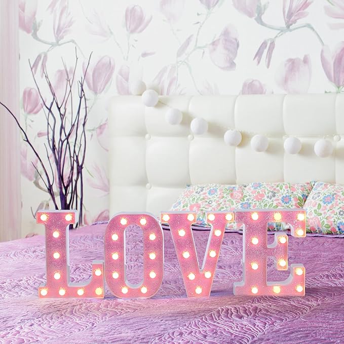 Foaky Pink Light up Letters，Pink Party Decorations,Girls Room Decor,Glitter Light Up Letters,Alphabet Letter Sign for Night Light Birthday Party Girls Gifts, Home Bar Decoration（D）