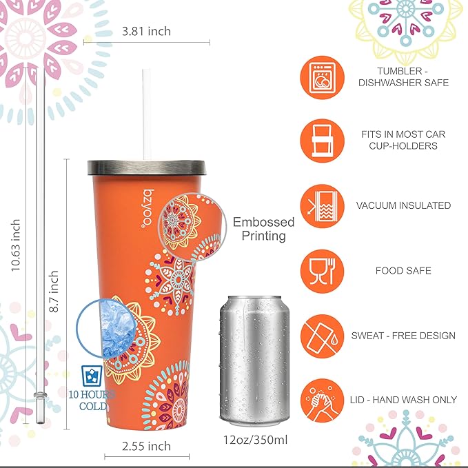 bzyoo SUP Double Wall Vacuum Insulated 24oz Tumbler with Straw and Lid Stainless Steel Water Bottle Travel Mug Cup, Mother's Day Gift Perfect For Ice Coffee or Tea Color: Orange Madallion