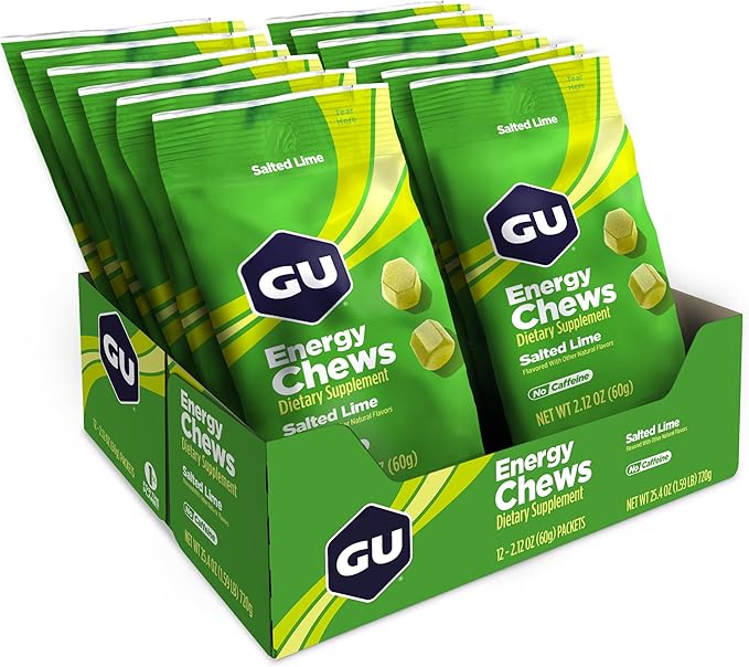 GU Energy Chews, Salted Lime Energy Gummies with Electrolytes, Vegan, Gluten-Free, Kosher, Caffeine-Free, and Dairy-Free On-The-Go Energy for Any Workout, 12 Bags (24 Servings Total)