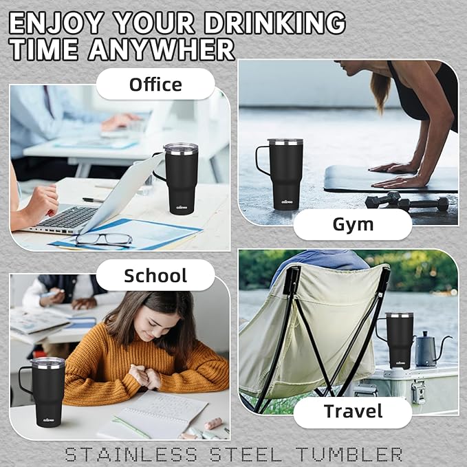 20 oz Insulated Coffee Mug with Ceramic Coating, Stainless Steel Travel Mug Tumbler with Handle Lid and Straw, Double Wall Leak-Proof Coffee Travel Mug Keeps Drink Hot and Cold (Black)