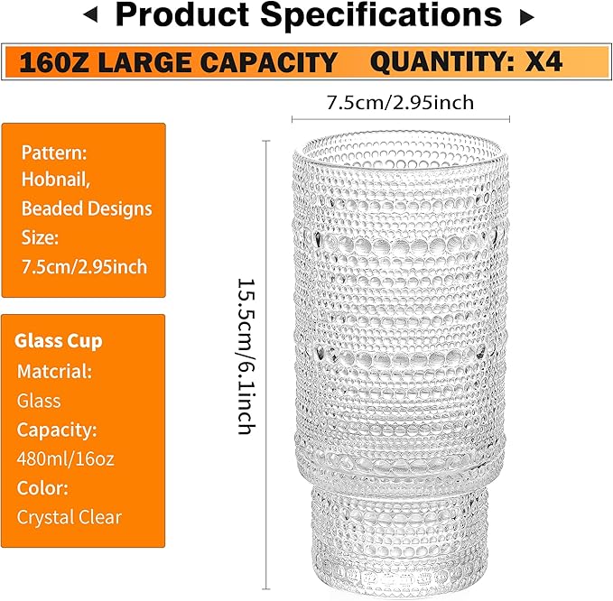 KEMORELA Elegant Highball Glassware Set - 16oz XL Glasses - Mixed Drinks, Iced Coffee, Beer, Juice, Water - Hobnail, Beaded Designs - Set of 4 | Stylish Collection for Any Occasion