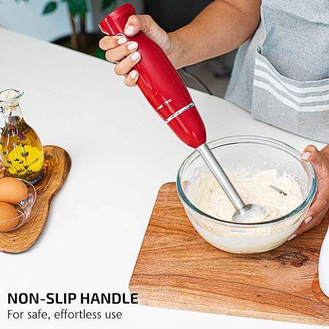 OVENTE Immersion Hand Blender, 300W Electric Handheld Portable Stick Mixer with 2 Mixing Speed and Stainless Steel Blades for Effortless Blending Smoothies, Shakes, Puree or Baby Food, Red HS560R