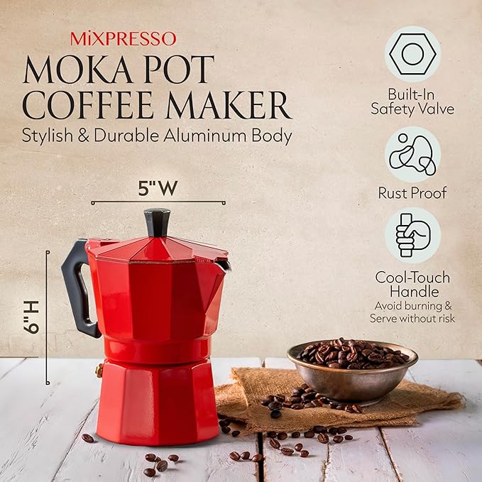 Mixpresso Red 3 Cup Moka Pot Cuban Coffee Maker, Moka Pot for Gas, Electric Stove Top, Classic Italian Coffee Maker, Stovetop Espresso Maker, Camping Pot Makes 3 Espresso Cup 5 Oz - Mug 4.4 Oz