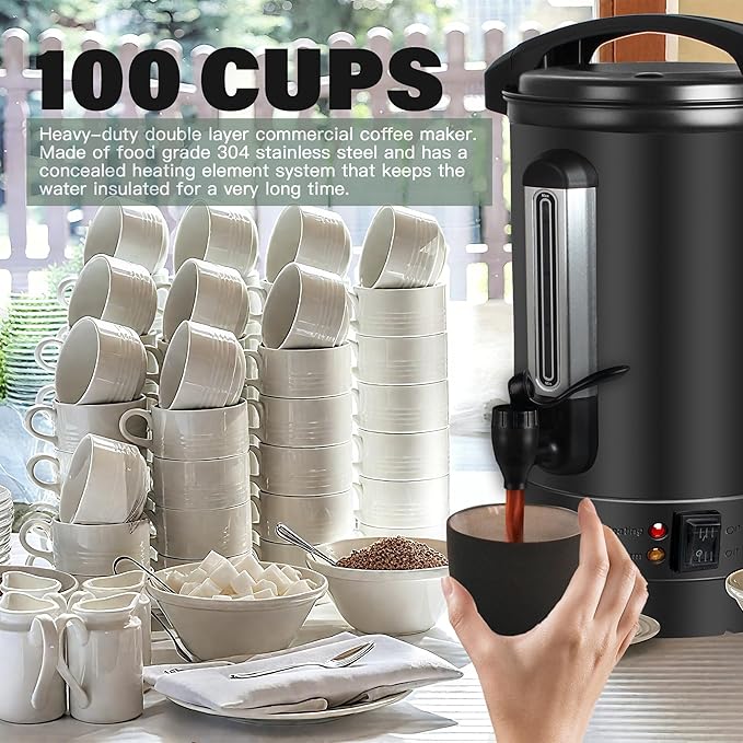 Coffee Maker 100 Cup Commercial Coffee Urn,Hot water/beverage Machine and Drink Dispenser-Premium 304 Double-Wall Stainless Steel Electric Percolator Coffee pot,Keep Warm for Hours,Matte Black