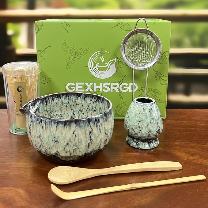 Matcha Whisk Set,6Pcs Matcha Kit Includes Matcha Whisk and Holder,Matcha Bowl with Spout,Matcha Sifter and 2Pcs Matcha Spoon,Suitable as a gift for those who like matcha (Quenching Blue)