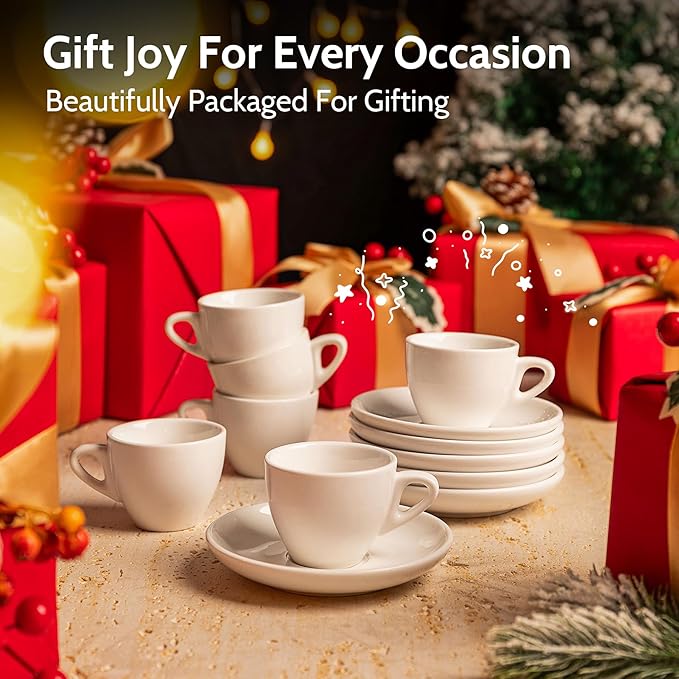 Sweese 2 Ounce Espresso Cups with Saucers, Porcelain Espresso Cups Set of 6 - White