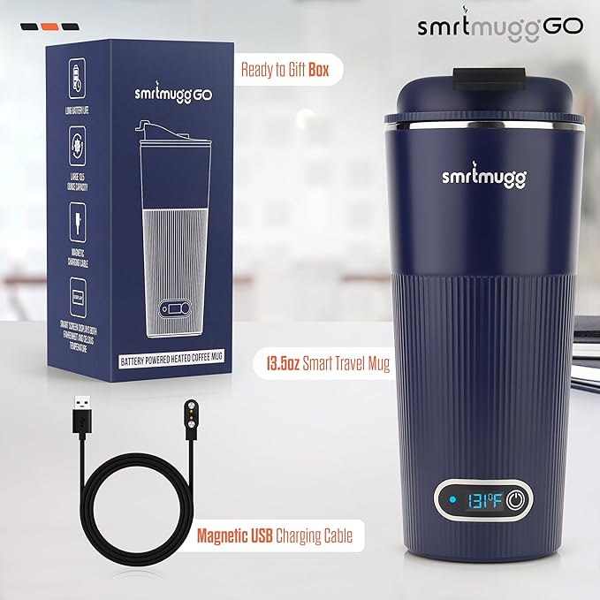 GO Heated Coffee Mug, Travel Mug, 13.5 OZ. Smart Mug, Battery Powered Heated Coffee Mug, Great for Coffee and Tea, Snap on Magnetic Charging Cord, New and Improved (Navy Blue)