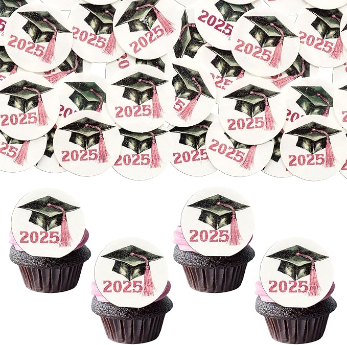 Gyufise 48Pcs Edible 2025 Graduation Cap Cupcake Toppers Wafer Paper Class of 2025 Grad Cap Cupcake Picks for 2025 Graduation Theme Party Cake Decorations Supplies Pink