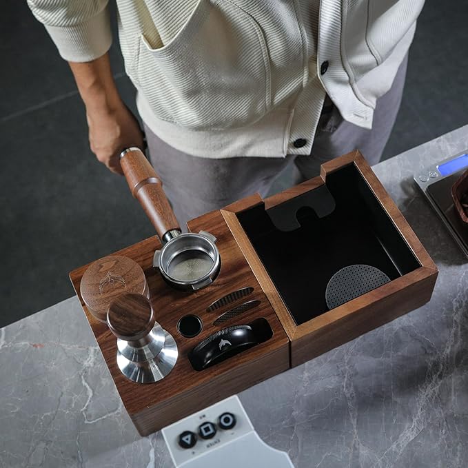 Complete 51mm Espresso Machine Accessories Kit – Walnut Handle Tamper, Coffee Distributor, WDT Tool, Knock Box, and Tamping Station