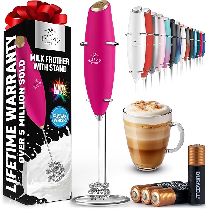 Zulay Kitchen Patented Tornado Triple Whisk Milk Frother with 4 Duracell Batteries – Handheld Foam Maker for Coffee, Lattes, Matcha & Hot Chocolate – Rich, Creamy Froth in Seconds