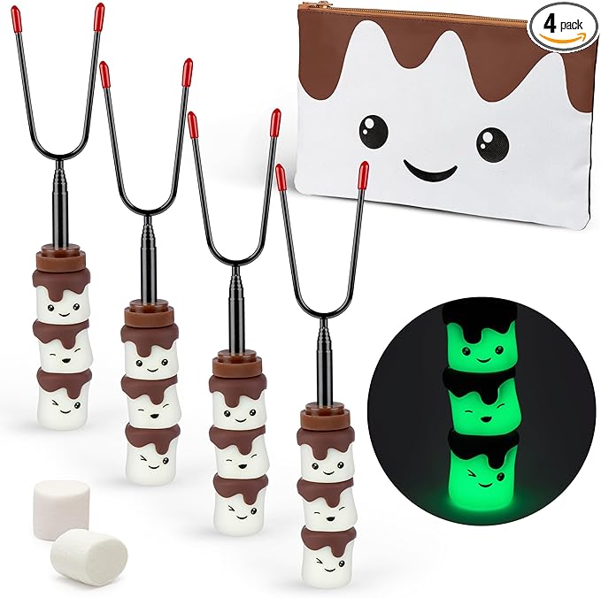 THE S'MORES COMPANY - Glow in the Dark Marshmallow Roasting Sticks - Set of 4 Rotating Smores Sticks - Telescoping Extra Long Marshmallow Sticks for Fire Pit, Campfire & Bonfire - Camping Accessories