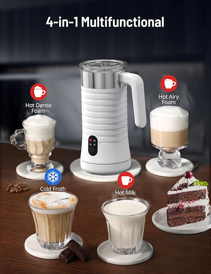 Milk Frother and Steamer, Airyoyo 4-in-1 Milk Frother,Electric Milk Frother Hot& Cold Foam Temperature Control, Auto Shut-Off Frother for Coffee Latte