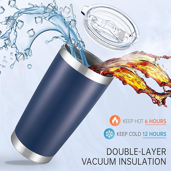 20 oz Tumblers Bulk Stainless Steel Tumbler with Lid Double Wall Vacuum Insulated Coffee Mug 20oz Powder Coated Cup for Hot and Cold Drinks, Navy, 6 pack