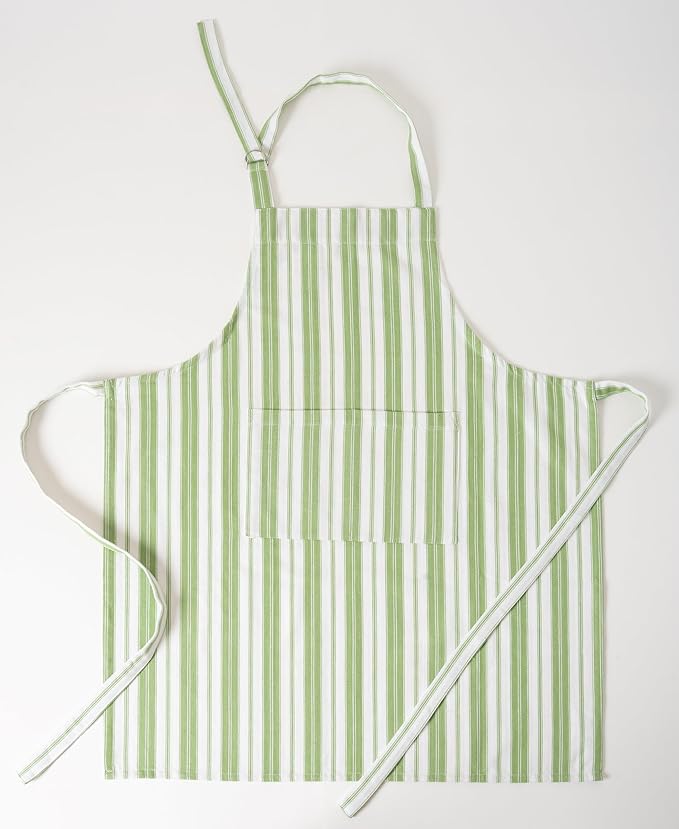 1 Oven Mitt, 1 PotHolder & 1 Kitchen Apron Set - Durable Heat Resistant Gloves - Thick Mittens for Kitchen - Suitable for Cooking, Baking, Grilling – Men & Women – Grass Green Stripes