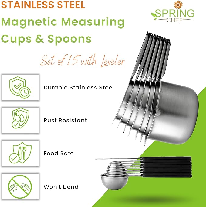 Spring Chef Magnetic Measuring Cups & Spoons Set (Patent Pending), Strong N45 Magnets, Heavy Duty Stainless Steel Fits in Spice Jars for Baking & Cooking, BPA Free, Round Set of 15 with Leveler, Black