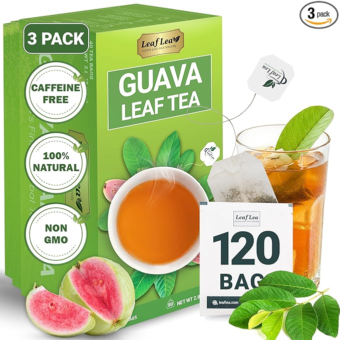 LeafLea 120 Guava Leaf Tea Bags, Premium Natural Herbal Tea, 100% Hojas De Guayaba, Caffeine-Free, Non-GMO, Supports Digestion & Immune Health, Packed with Natural Goodness