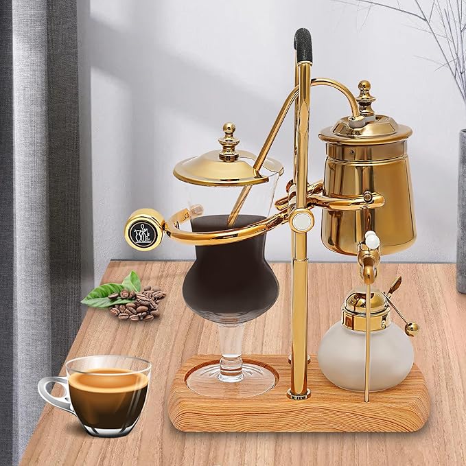 Belgian Luxury Royal Family Balance Syphon Coffee Maker Belgium Siphon Brewer Elegant Design Retro-Style Gravity Vintage Coffee Maker Vacuum Brewing System Copper (Gold)