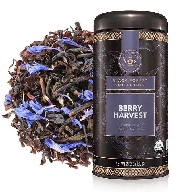 Teabloom Organic Fruity Black Tea, Berry Harvest Loose Leaf Tea, USDA Certified Organic & Kosher, Fresh Whole Leaf Blend in Reusable Gift Canister, 2.82 Ounce Loose Leaf Tea Canister Makes 35-50 Cups