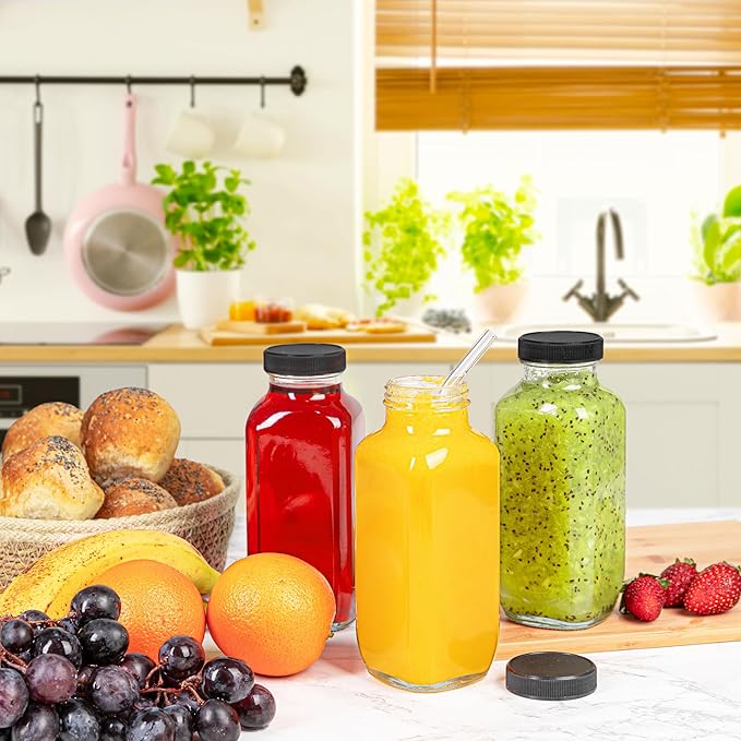 Juice Bottles with Lids, 16 Oz - Set of 20 - Clear Glass Jars with Caps - Reusable Empty Drink Containers for Juicing, Smoothies, Water, Milk, Kombucha Storage, Wellness Shots and More (20)