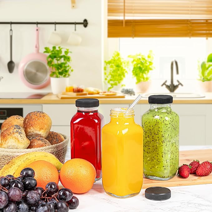 Juice Bottles with Lids, 16 Oz - Set of 3 - Clear Glass Jars with Caps - Reusable Empty Drink Containers for Juicing, Smoothies, Water, Milk, Kombucha Storage, Wellness Shots and More (3)