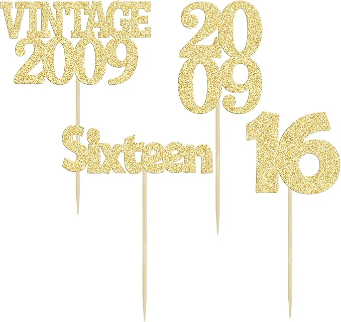 Gyufise 24Pcs Sweet 16 Cupcake Toppers Glitter Sixteen Vintage 2009 16th Birthday Cupcake Picks Hello 16 Years Birthday Cake Decorations for Happy 16th Anniversary Party Supplies Gold