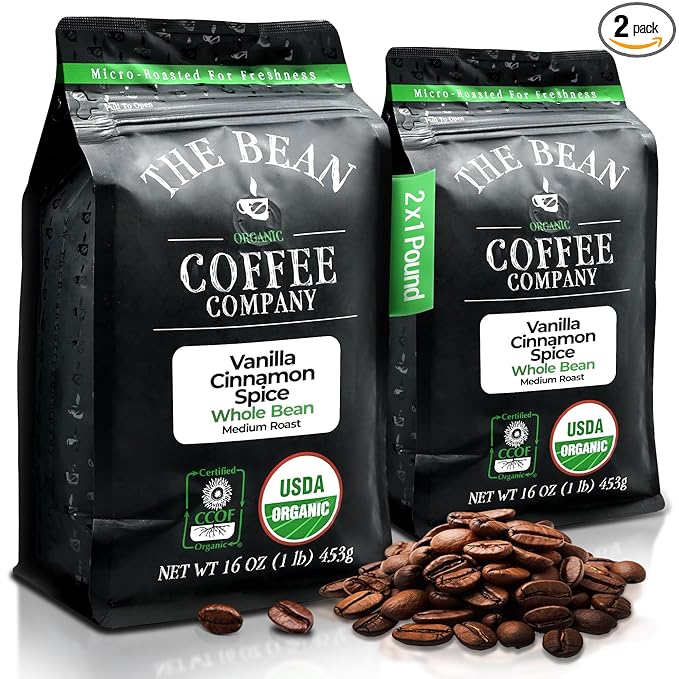 The Bean Organic Coffee Company Holiday Bean (Vanilla Cinnamon Spice), Medium Roast, Whole Bean Coffee, 16-Ounce Bags (Pack of 2)