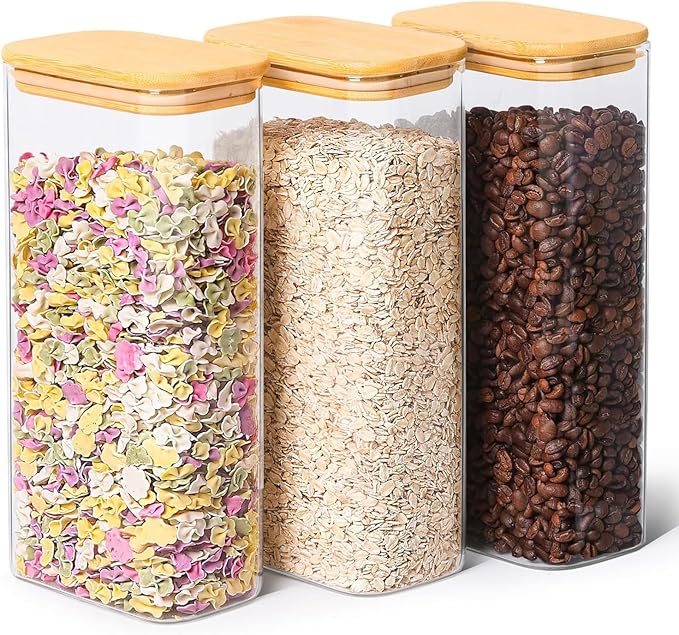 ComSaf 2 Qt Rectangle Glass Storage Containers with Lids, Glass Jars with Bamboo Lids, Clear Food Jar, Square Canister Set of 3, Pantry Organizers and Storage for Flour Pasta Coffee Bean