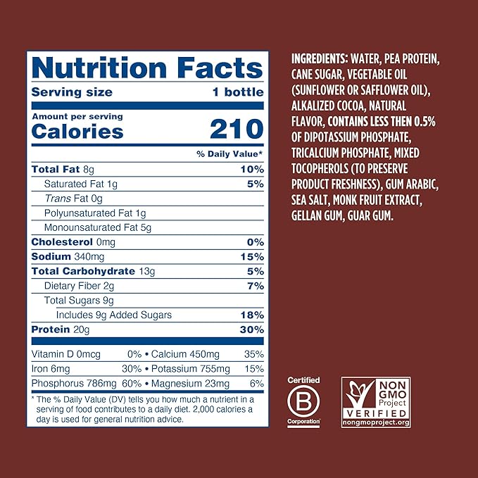 Ripple Vegan Protein Shake | Chocolate | 20g Nutritious Plant Based Pea Protein | Shelf Stable | No GMOs, Soy, Nut, Gluten, Lactose | 12 Oz, 12 Pack