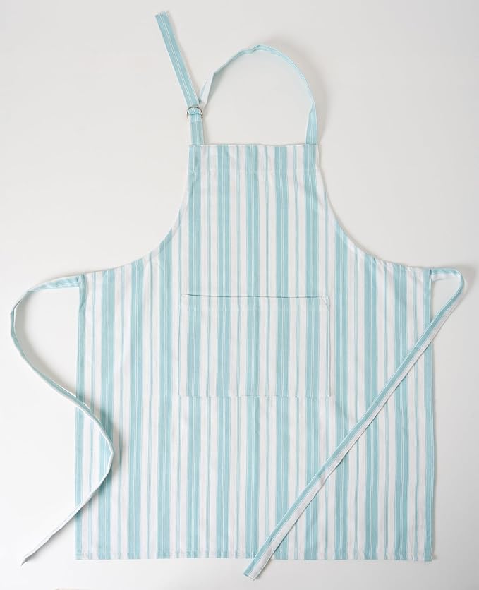 1 Oven Mitt, 1 PotHolder & 1 Kitchen Apron Set - Durable Heat Resistant Gloves - Thick Mittens for Kitchen - Suitable for Cooking, Baking, Grilling – Men & Women – Light Blue Stripes