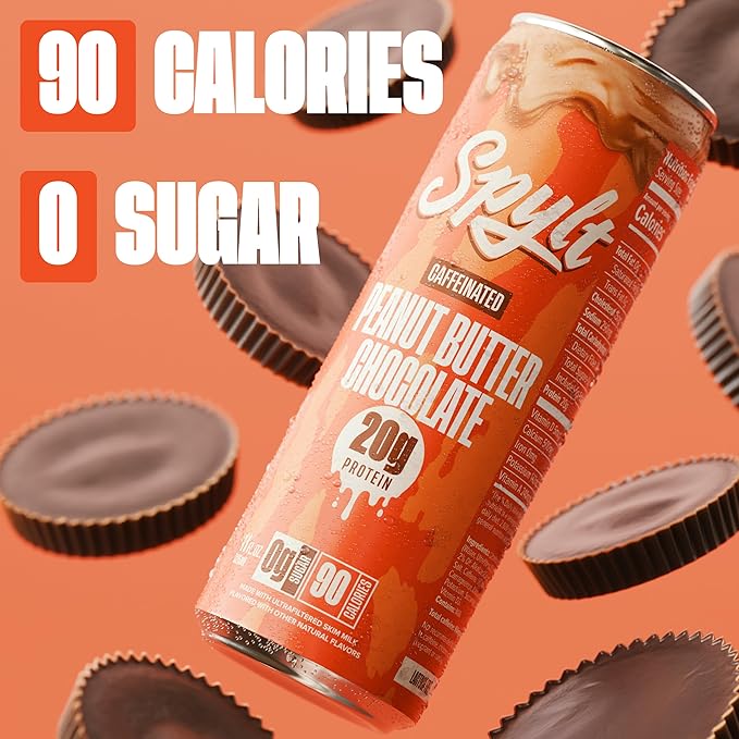 Spylt High Protein Peanut Butter Chocolate Milk with 60mg Caffeine & 20g Protein - 90 Calories, Ready to Drink, Sugar Free, Lactose Free Milk, Perfect for Workout Recovery & Afternoon Pick Me Up - 12 Count