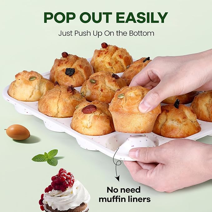 Muffin Pan - 12 Cups Silicone Muffin Pan Non-Stick Food Grade Silicone Cupcake Pan for Muffins,Tart, BPA Free - Standard Cup Size - Diameter 2.8" Depth 1.2" - 1 Piece Cream with Rainbow Dots