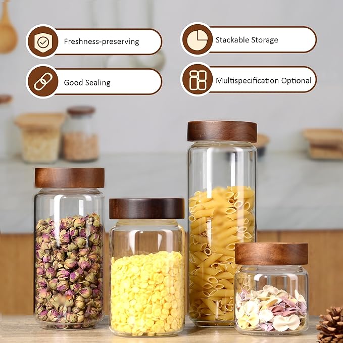 30 oz/900 ml Glass Jar with Airtight Wooden Screw Top Lid, Clear Stackable Food Storage Canister, Large Tall Decorative Glass Container for Coffee, Candy, Cookie, Sugar, Oatmeal, Salt, Pasta