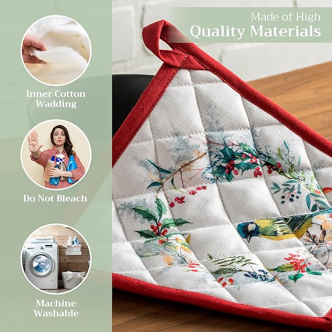 Maison d' Hermine Pot Holders Set 100% Cotton Heat Resistant Potholders 8" x 8" Hot Pads with Loop BBQ, Cooking, Baking, Grilling, Kitchen, Handling Hot Pans (Pack of 2, Morzine)